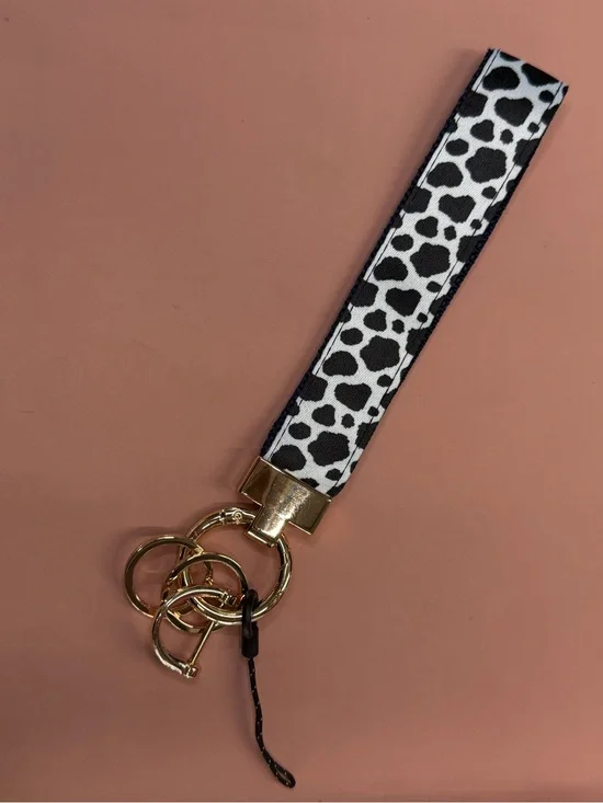 Gold Hardware Black & White Cow print Wristlet Keychain