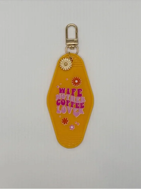 Yellow 'Wife Mother Coffee Love' Floral Keychain with Gold Clip