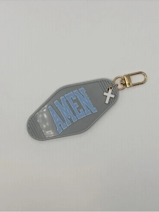 Amen Keychain Tag in Gray with Light Blue Lettering