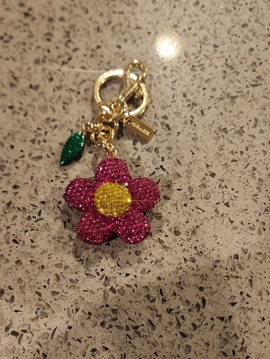 Coach StyleGold-Tone Pink Flower Charm Keyring with Yellow Center and Green Leaf