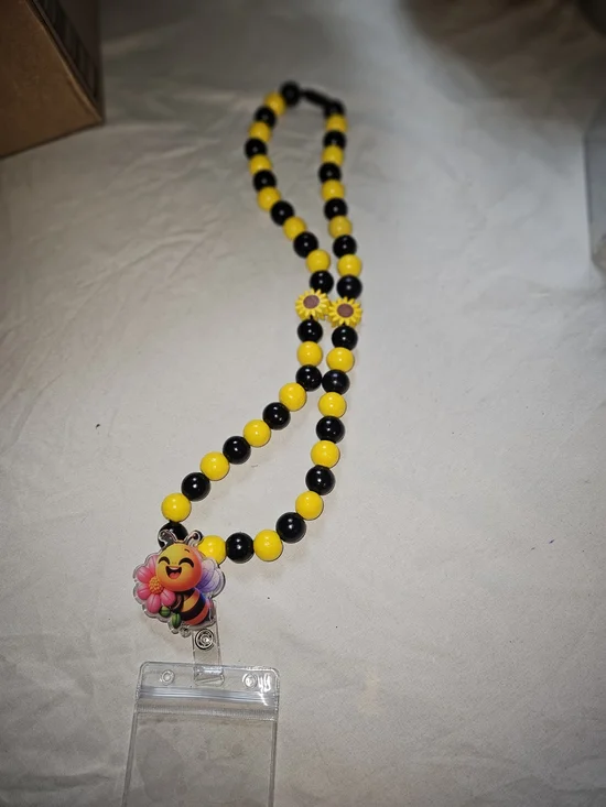 Bee-Themed Yellow & Black Beaded Badge Lanyard