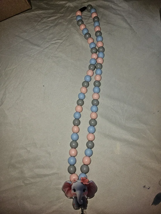 Beaded Pink Blue Gray Elephant Lanyard Key & Card Holder