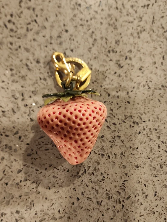 Coach Style Pink Strawberry Brooch with Gold Hardware and Green Leaf