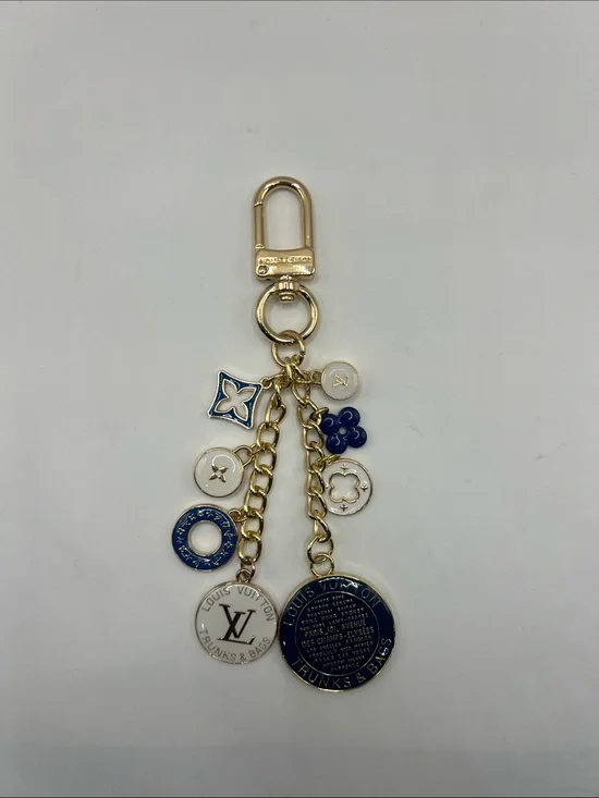 1445. Gold Tone with Navy & White Charm Keychain