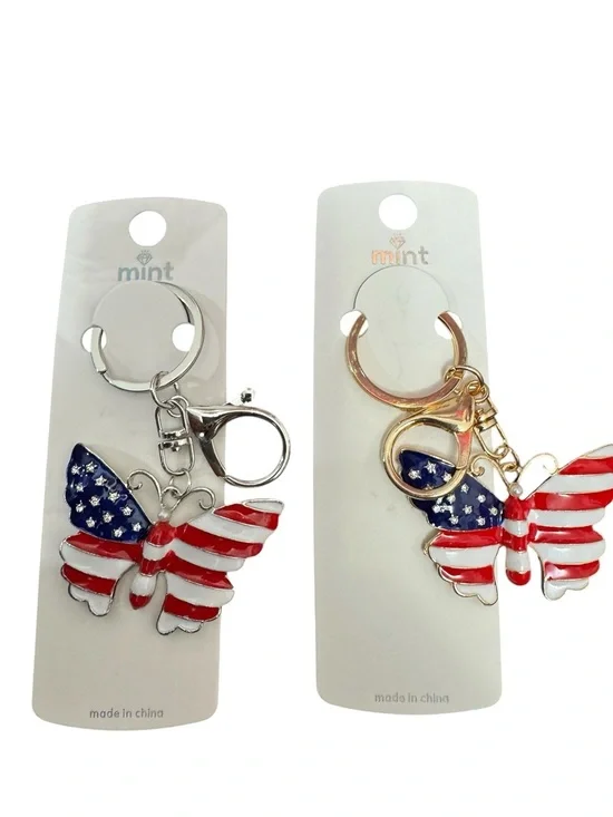 Mint American Flag Butterfly Keyring Duo - Silver & Gold Hardware