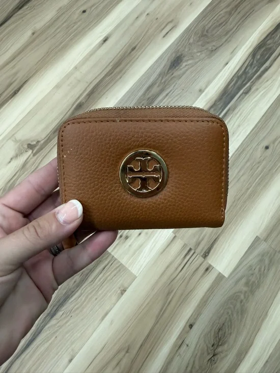 Tory Burch Cognac Pebbled Leather Zip Card Holder with Gold Logo