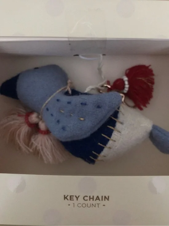 Plush Bird Key Chain in Light Blue and Navy with Red Tassel