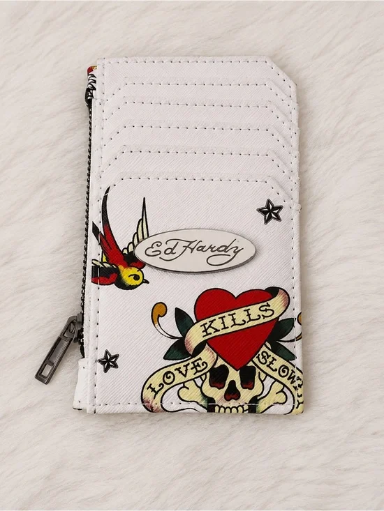 Ed Hardy White Tattoo Print Zip Card Holder with Zip Coin Pouch NWT
