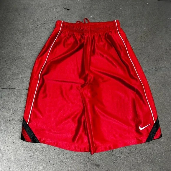 Y2K men's Nike basketball red and black silk baggy long gym shorts Size XS