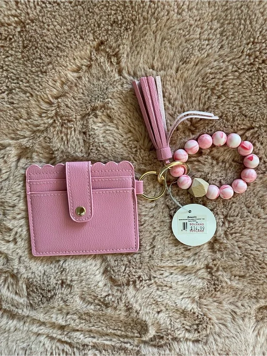 Pink Cardholder Keychain Wristlet with Tassel and Beaded Bracelet