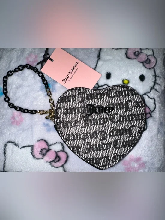 Juicy Couture Black & White Logo Heart Wristlet with Gold Chain Accent