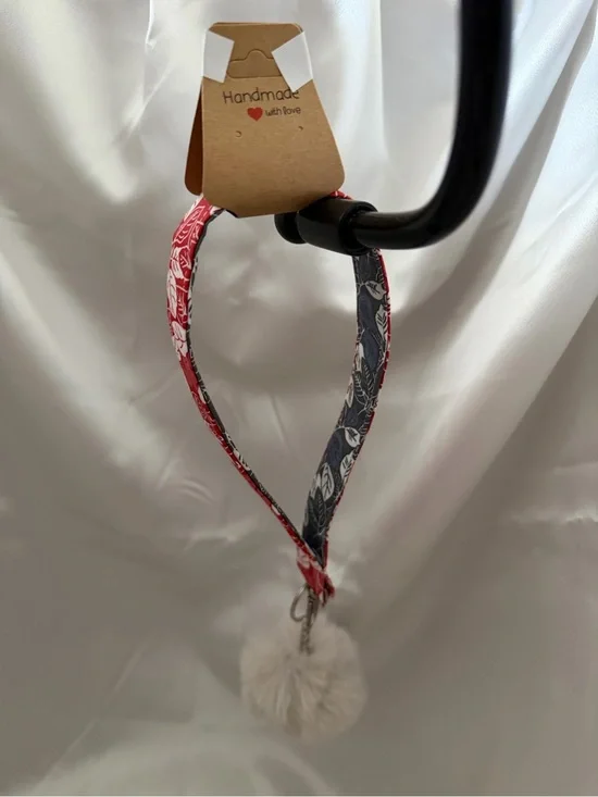 Handmade Red and Gray Leaf Pattern Wristlet Keychain With Light Gray Pompom