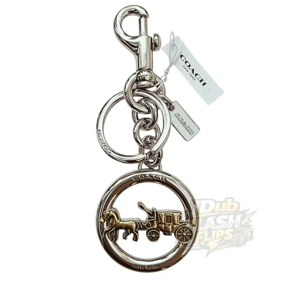 NWT COACH Silver Gold Signature Horse & Carriage Key Fob Bag Charm Pendant 32227