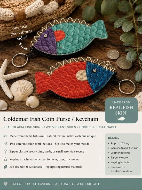 Col De Mar Genuine Tilapia Fish Leather Coin Purse Keychain