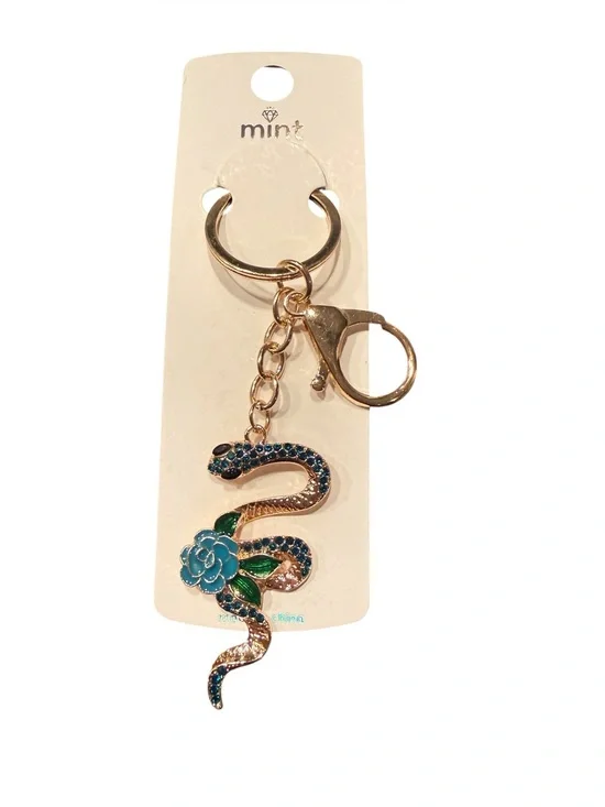 Gold-Tone Snake Keychain with Blue Rhinestones and Enamel Flower