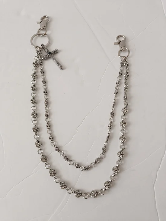 Silver Tone Double Strand Cross Chain Wallet Chain 21 Inches