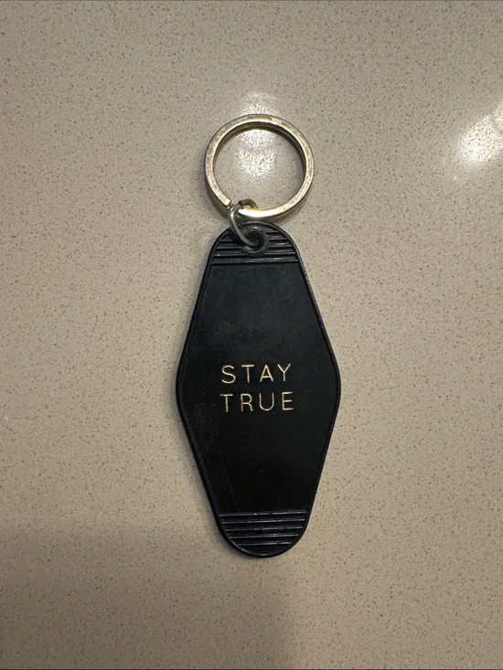 Black 'Stay True' Keychain with Gold Lettering
