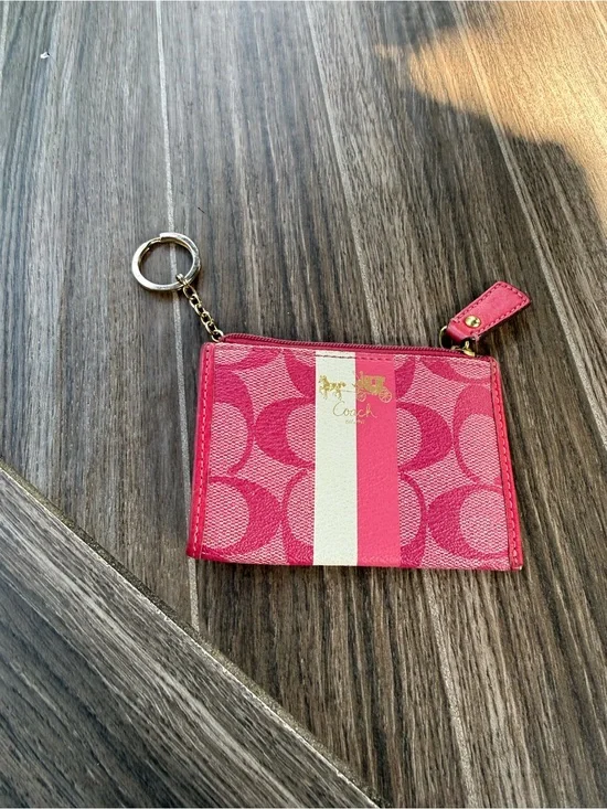Coach Pink Signature Stripe Key & Card Holder Wallet