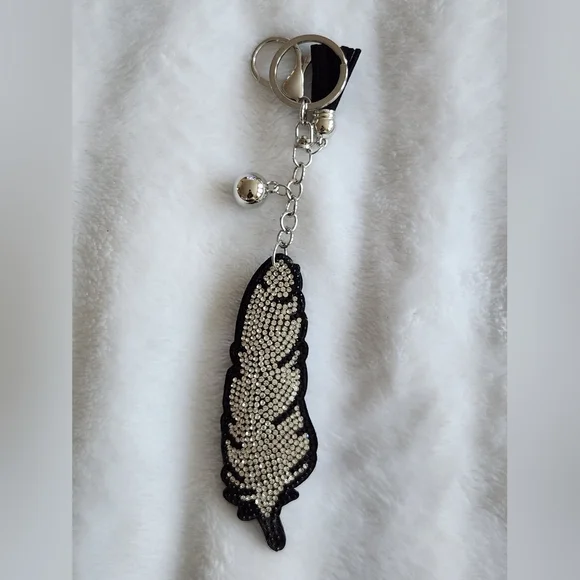 Elegant Black and Silver Feather Rhinestone Keychain Bag Charm