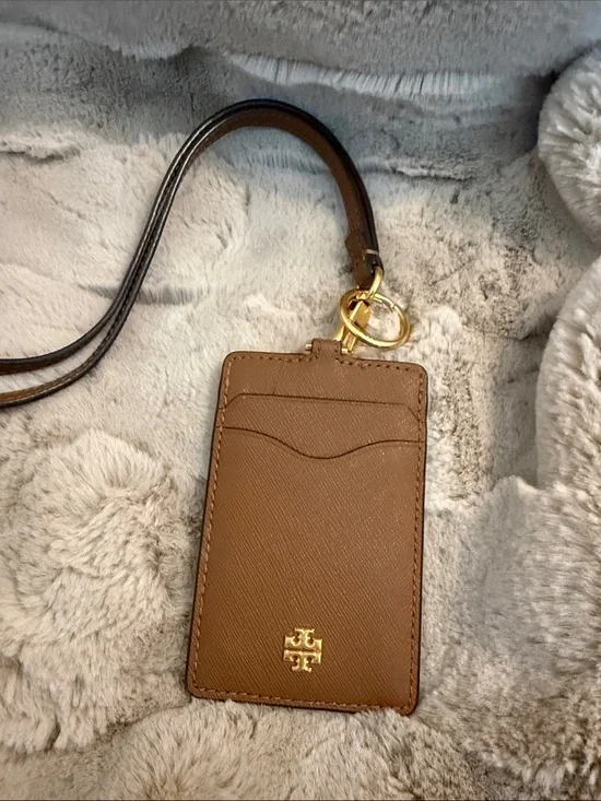 Tory Burch Tan Leather Card Holder Lanyard with Gold Hardware