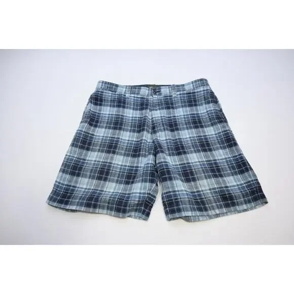 Eddie Bauer Linen Blend Shorts Relaxed Plaid Outdoors Hiking Camp‎ Mens Size 35