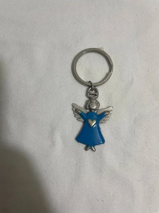 Vintage Blue Angel Keychain Silver Tone Metal Enamel Heart Guardian Angel Key