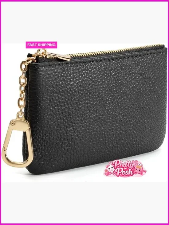 Full Grain Leather Coin Purse with Key Chain, Zipper Closure