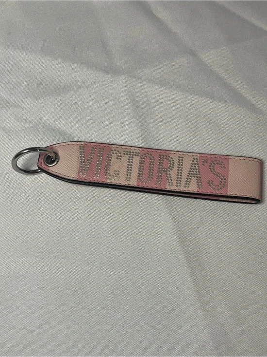 Victoria's Secret Pink Striped Leather Key Strap with Rhinestone Logo
