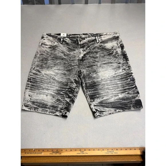 Southpole Essentials Mens 48 Acid Wash Moto Denim Shorts Gray Black Stretch New