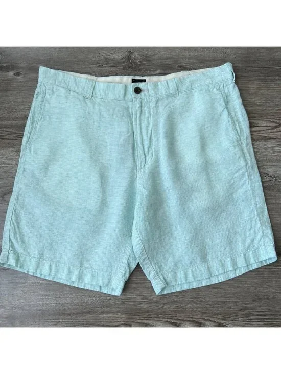 J Crew Linen Shorts Mens 36 Green Stripe 9 inch Inseam