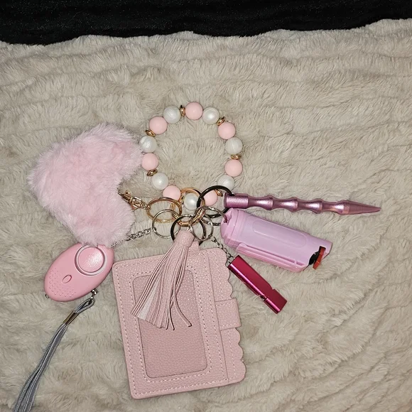 Pink Tassel Card Holder and Keychain Set with Safety Tools