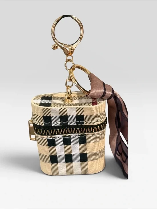 Keychain Backpack Charm Mini Bag Small Lipstick Pouch Plaid W Silk Like Scarf
