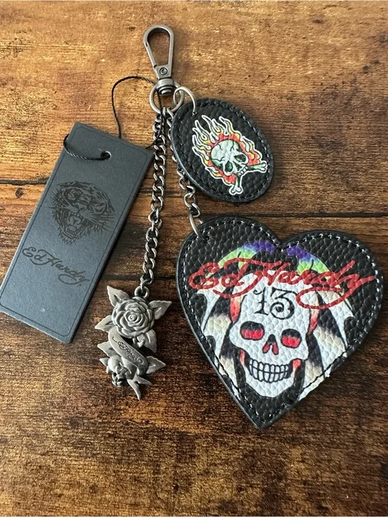 Ed Hardy Black Skull Keychain Bag Charm w/ Faux Leather Heart Metal Flower NWT