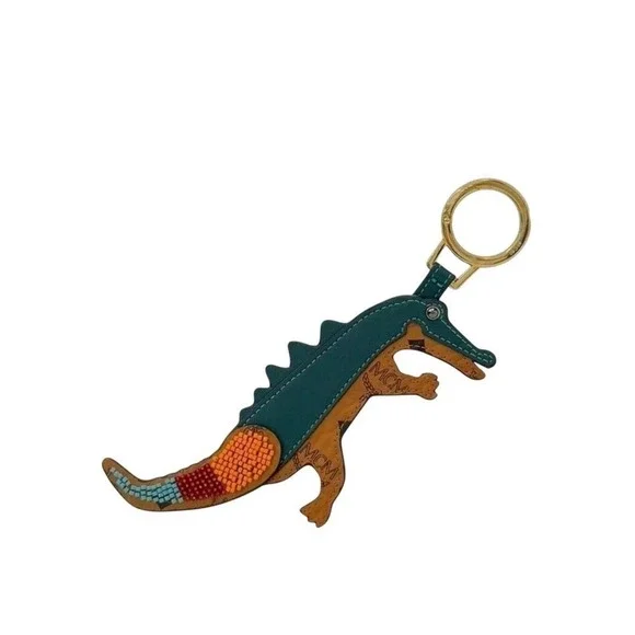 MCM‎ Visetos Leather Crocodile Bag Charm Cognac Teal Beaded Keychain Accessory