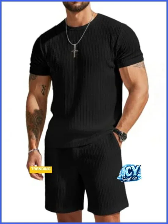 Men's Shorts & Tee Set Twisted Texture Polyester 2 Piece Summer Outfit Casual