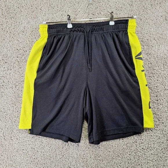Reebok Athletic Shorts Mens Large Black Neon Yellow Logo Drawstring Gym