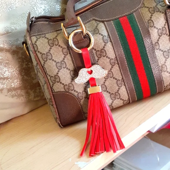 BAG CHARM TASSEL Crystal‎ Mustache Key Chain Bag Charm  RED - GREAT GIFT IDEA!!