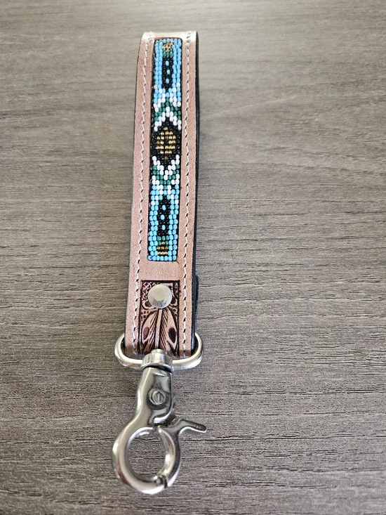 Leather Beaded Key Fob Wristlet in Turquoise and Tan-NWOT
