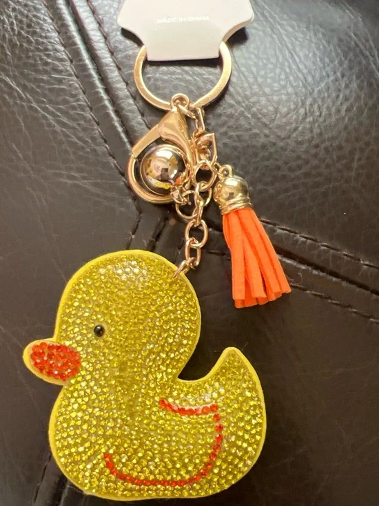 Sparkling Yellow Duck Keychain Bag Charm with Orange Tassel