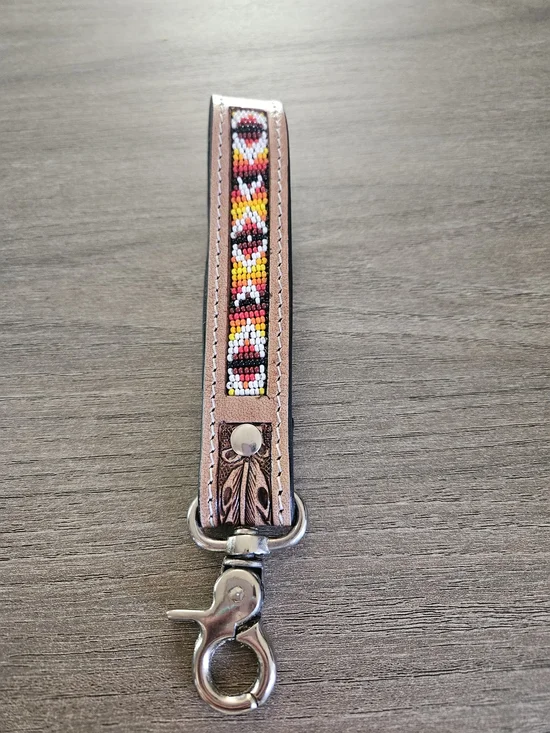 Beaded Leather Key Fob Wristlet - Brown with Multicolor Beadwork-NWOT