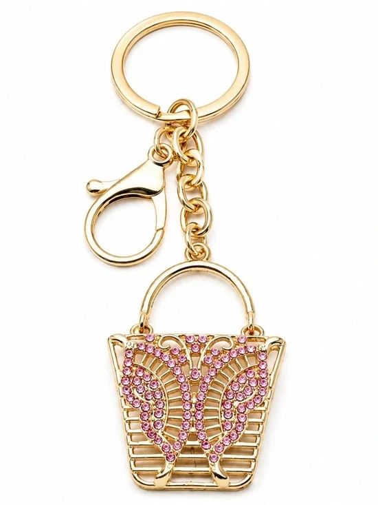 Gold Pink Rhinestone Handbag Purse Charm Keychain Key Ring Butterfly Bling Gift