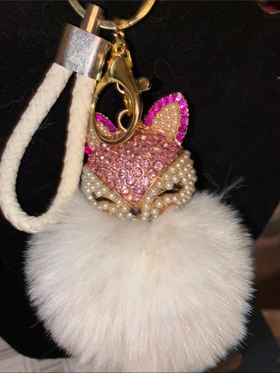 White Faux Fur Pom Pom Fox Keychain with Pink Crystal Crown Charm