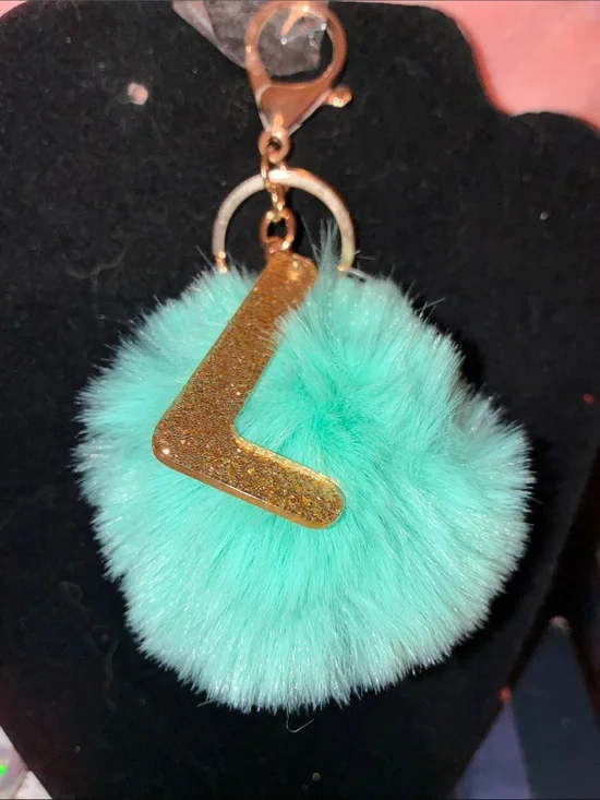 Turquoise Faux Fur Pom Keychain with Gold 'L' Charm