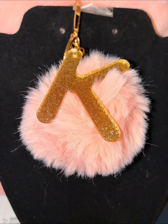Pink Faux Fur Pom Keychain with Gold 'K' Initial Charm