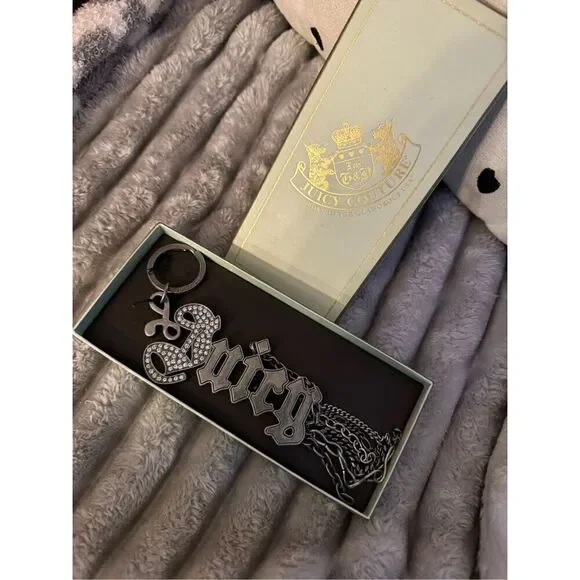 Juicy couture silver gothic logo pave studded chain  bag charm /fob keychain