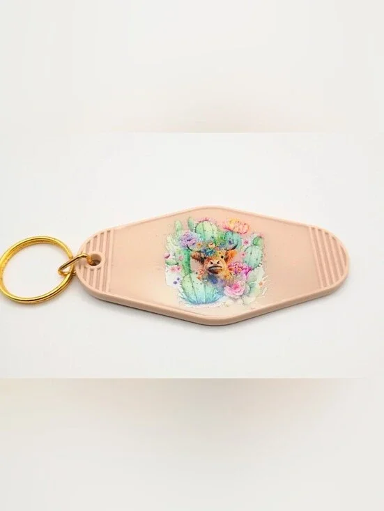 Motel Keychain Custom Retro Style Tan Cow Keyring