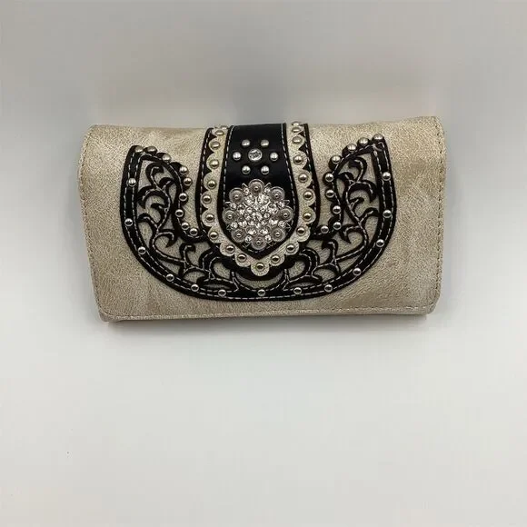 Unbrandred Women's Beige Trifold Wallet Rhinestone Buckle‎ Floral Design