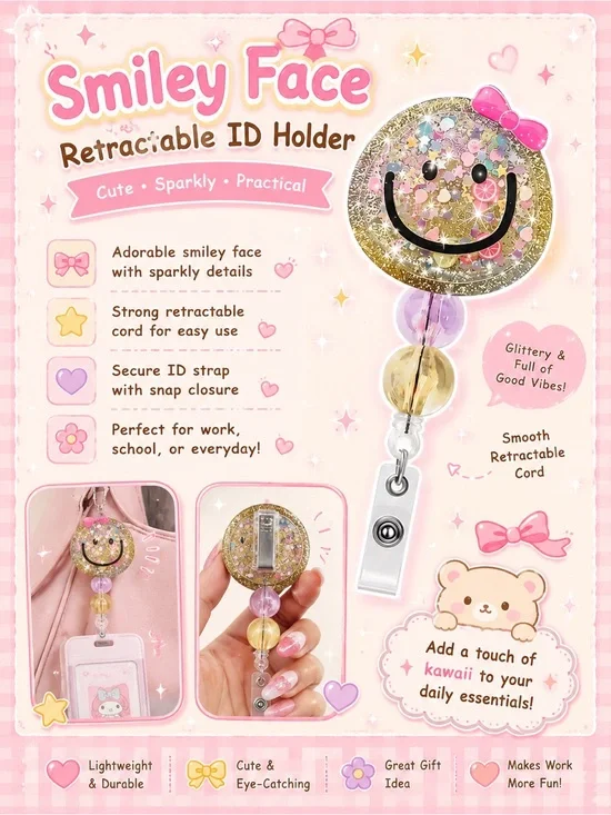 Kawaii Glitter Smiley Face Retractable Badge Reel ID Holder Pink Bow