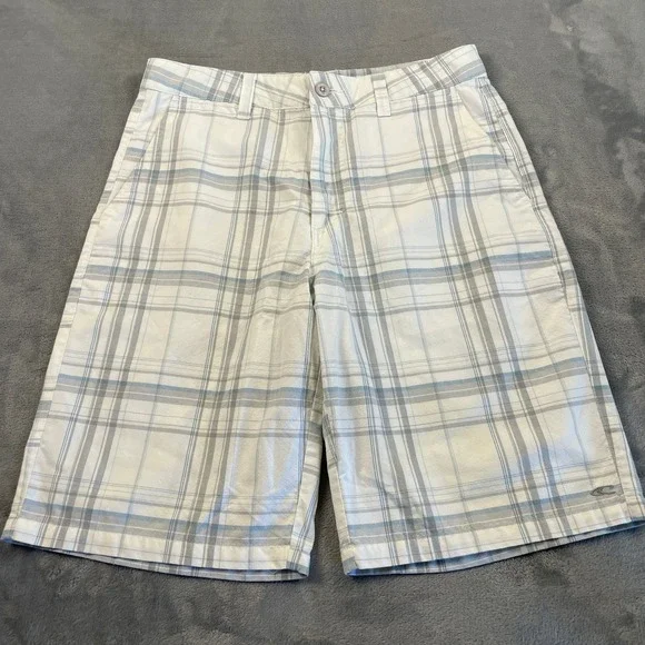 ONeill Men's Plaid Shorts Size 32 White Grey Blue First In Last Out Flat Front