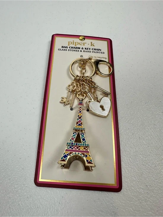 NEW PIPER K‎ PARISIAN DAYDREAM EIFFEL TOWER LOVE HEART GOLD BAG CHARM KEY RING